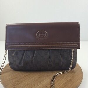 VTG Gucci Shoulder Bag Womens Medium Brown Canvas Leather Monogram Italy Purse